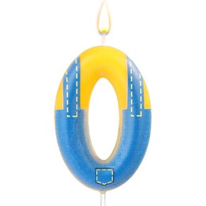 Blue and Yellow Birthday Candle, Birthday Number Candle Blue Jeans Anime Cartoon Happy Birthday Theme Candle for Birthday Cake Celebration Wedding Anniversary Decoration Supplies (Number 0)