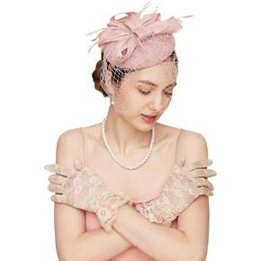 Gionforsy Pillbox Fascinator الحجاب ريشة ديربي قبعة قفازات دانتيل قلادة اللؤلؤ (نمط 8-وردي) in Kuwait