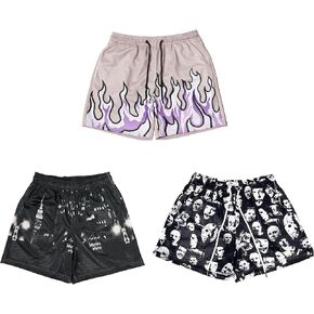 DIOTSR Mens Graphic Print Shorts Horror Portrait/Purple Flame/Black Skyline