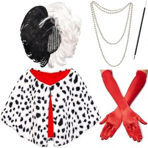 ZeroShop Halloween Costume Women 2022,Black and White Wig, Red Gloves,Dalmatian Shawl Scarf,Necklace Accessories Fancy Dress Costume