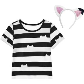 Cat Dollhouse Costume With Headband, Striped Top with Cat Silhouettes, Halloween Christmas Outfits 3-8 Years