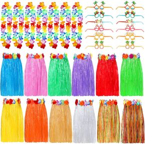 12 Sets Hawaiian Luau Hula Grass Skirt with Sunglasses Leis Necklace Hawaiian Outfits for Women Luau Party Outfits Hula Skirt Costume Set for Luau Birthday Party Favors Adults Groups carnival
