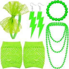 Ronglry 80s Neon Accessories for Women Lace Headband Neon Earrings Fishnet Gloves Necklace Bracelet for 80s Neon Jewelry