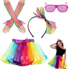 80s Fancy Dress Costumes Accessories, Women Rainbow Tulle Tutu Skirts,Fishnet Gloves Lace Headbands Neon Sunglasses for 80s Party Supplies