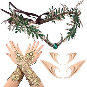 MOSTORY Renfaire Costume Set Women - 4 Pcs Fairy Flower Crown Medieval Fingerless Lace Floral Gloves and Elf Ears Set for Renaissance Outfit Halloween Accessory Cosplay