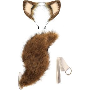 Faux Fur Ears and Stand Upright Wagging Puffy Tail Set Halloween Cosplay Accessories