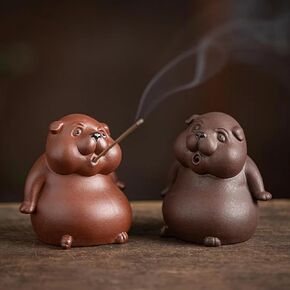 2pcs Curious Puppy Figurine Incense Holder for Stick, Burner Incense Stick Holder, Purple Sand Kongfu Tea Pet Set for Tea Table Desk Tearoom Decoration Ornament