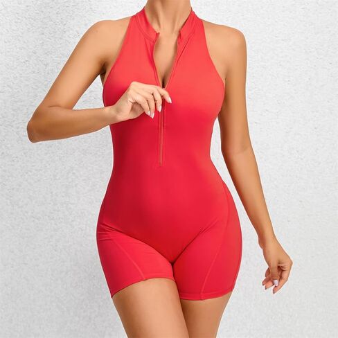 Women's Backless Gym Workout Catsuit Bodysuit One Piece Front Zip Up Yoga Jumpsuit Solid Fitness Athletic Rompers in Saudi Arabia