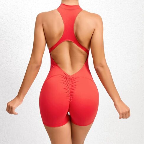 Women's Backless Gym Workout Catsuit Bodysuit One Piece Front Zip Up Yoga Jumpsuit Solid Fitness Athletic Rompers in Saudi Arabia