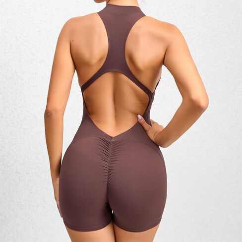 Women's Backless Gym Workout Catsuit Bodysuit One Piece Front Zip Up Yoga Jumpsuit Solid Fitness Athletic Rompers in Saudi Arabia