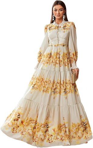 Summer Casual Dresses for Women 2024 Spring Fashion Boho V Neck Long Sleeve Ruffle Floral Print Elegant Maxi Dress in Kuwait