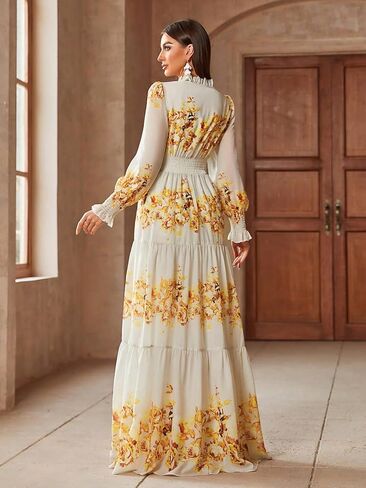 Summer Casual Dresses for Women 2024 Spring Fashion Boho V Neck Long Sleeve Ruffle Floral Print Elegant Maxi Dress in Kuwait