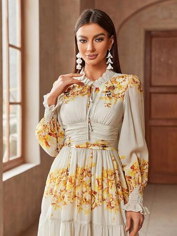 Summer Casual Dresses for Women 2024 Spring Fashion Boho V Neck Long Sleeve Ruffle Floral Print Elegant Maxi Dress in Kuwait