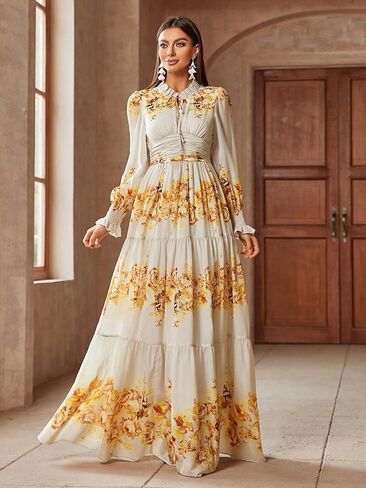 Summer Casual Dresses for Women 2024 Spring Fashion Boho V Neck Long Sleeve Ruffle Floral Print Elegant Maxi Dress in Kuwait
