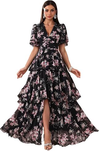 Summer Casual Dresses for Women 2024 Spring Fashion Boho V Neck Long Sleeve Ruffle Floral Print Elegant Maxi Dress in Kuwait