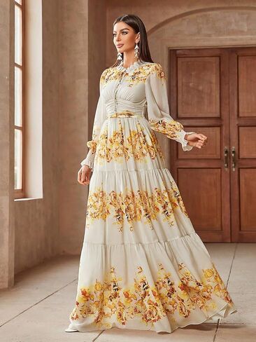 Summer Casual Dresses for Women 2024 Spring Fashion Boho V Neck Long Sleeve Ruffle Floral Print Elegant Maxi Dress in Kuwait