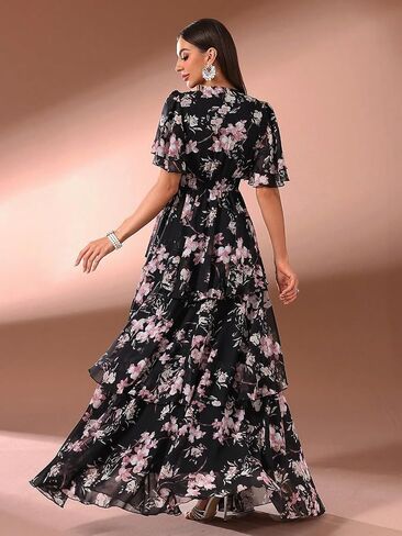 Summer Casual Dresses for Women 2024 Spring Fashion Boho V Neck Long Sleeve Ruffle Floral Print Elegant Maxi Dress in Kuwait