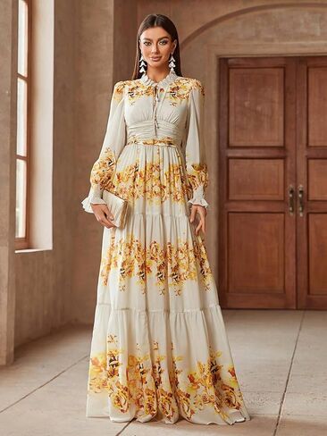Summer Casual Dresses for Women 2024 Spring Fashion Boho V Neck Long Sleeve Ruffle Floral Print Elegant Maxi Dress in Kuwait