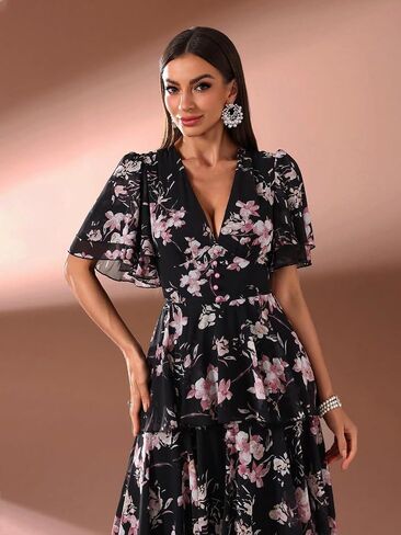Summer Casual Dresses for Women 2024 Spring Fashion Boho V Neck Long Sleeve Ruffle Floral Print Elegant Maxi Dress in Kuwait