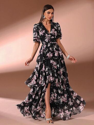 Summer Casual Dresses for Women 2024 Spring Fashion Boho V Neck Long Sleeve Ruffle Floral Print Elegant Maxi Dress in Kuwait