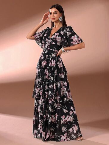 Summer Casual Dresses for Women 2024 Spring Fashion Boho V Neck Long Sleeve Ruffle Floral Print Elegant Maxi Dress in Kuwait