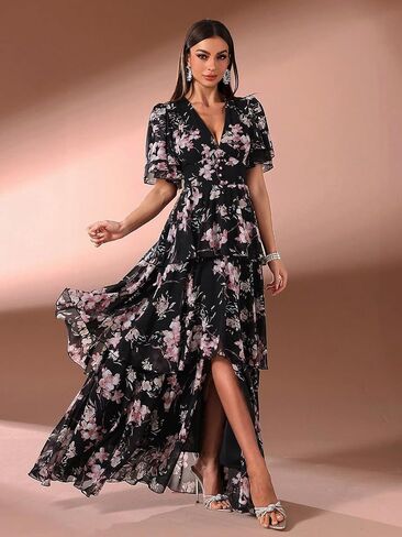 Summer Casual Dresses for Women 2024 Spring Fashion Boho V Neck Long Sleeve Ruffle Floral Print Elegant Maxi Dress in Kuwait