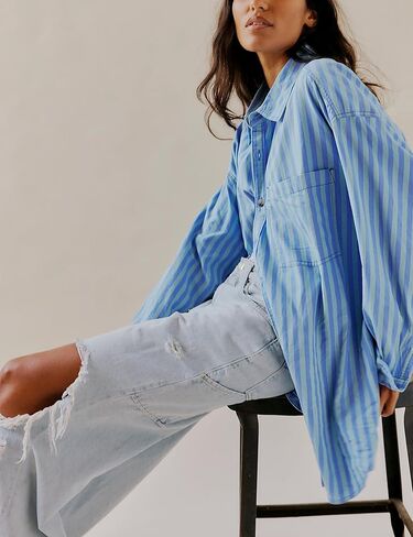 Womens Striped Oversized Button Down Shirts Long Sleeve Collared Blouses Shackets for Women 2024 in Kuwait
