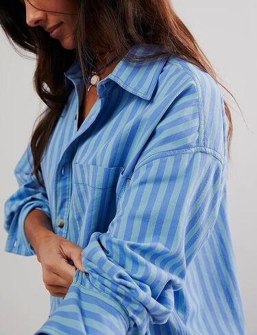 Womens Striped Oversized Button Down Shirts Long Sleeve Collared Blouses Shackets for Women 2024 in Kuwait