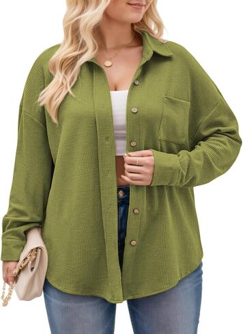 ROSRISS Plus-Size Tops for Women Casual Collared Button Down Blouses Cute Long Sleeve Waffle Knit Shirts with Pocket XL-5XL in Saudi Arabia