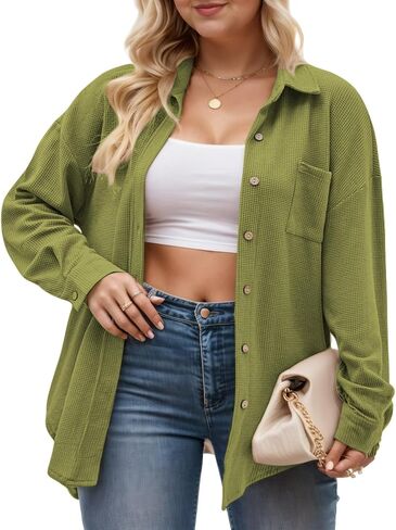 ROSRISS Plus-Size Tops for Women Casual Collared Button Down Blouses Cute Long Sleeve Waffle Knit Shirts with Pocket XL-5XL in Saudi Arabia