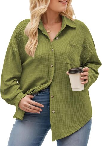 ROSRISS Plus-Size Tops for Women Casual Collared Button Down Blouses Cute Long Sleeve Waffle Knit Shirts with Pocket XL-5XL in Saudi Arabia