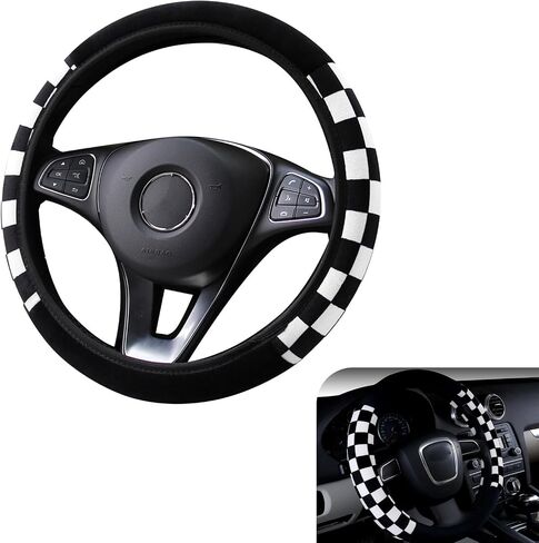 1 PC Car Elastic Steering Wheel Cover Without Inner Ring, Checkered Plush Steering Wheel Protector, Personalized Auto Interior Decoration Accessories, Universal for Most Cars (Black & Red) in Kuwait