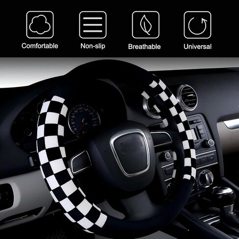 1 PC Car Elastic Steering Wheel Cover Without Inner Ring, Checkered Plush Steering Wheel Protector, Personalized Auto Interior Decoration Accessories, Universal for Most Cars (Black & Red) in Kuwait
