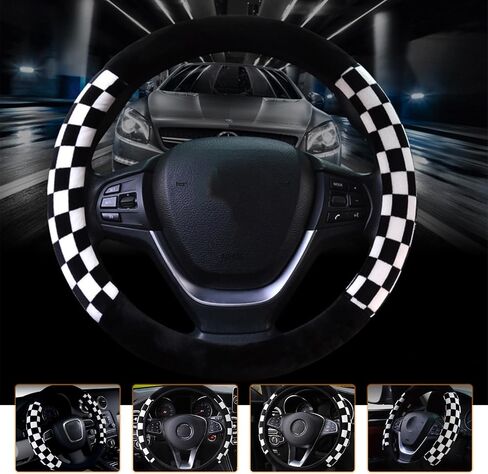 1 PC Car Elastic Steering Wheel Cover Without Inner Ring, Checkered Plush Steering Wheel Protector, Personalized Auto Interior Decoration Accessories, Universal for Most Cars (Black & Red) in Kuwait