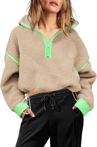 Yanekop Womens 1/2 Zip Up Sherpa Pullover Fuzzy Fleece Sweatshirt Fluffy Lapel Outerwear with Pockets(Green Khaki,L) in Saudi Arabia