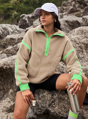 Yanekop Womens 1/2 Zip Up Sherpa Pullover Fuzzy Fleece Sweatshirt Fluffy Lapel Outerwear with Pockets(Green Khaki,L) in Saudi Arabia