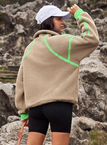 Yanekop Womens 1/2 Zip Up Sherpa Pullover Fuzzy Fleece Sweatshirt Fluffy Lapel Outerwear with Pockets(Green Khaki,L) in Saudi Arabia