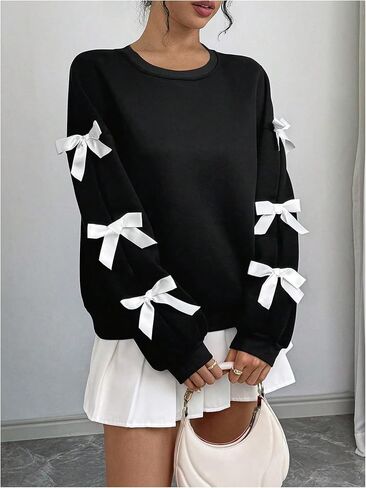 Verdusa Women's 3D Bow Sweatshirt Round Neck Long Sleeve Pullover Tops in Saudi Arabia