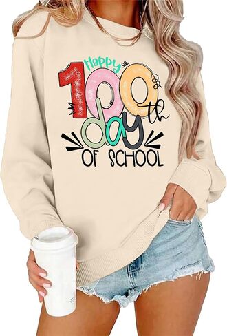LAZYCHILD Women 100 Days of School Sweatshirt: Funny Teacher Shirts School Teaching Long Sleeves Teachers Gifts Tops in Saudi Arabia