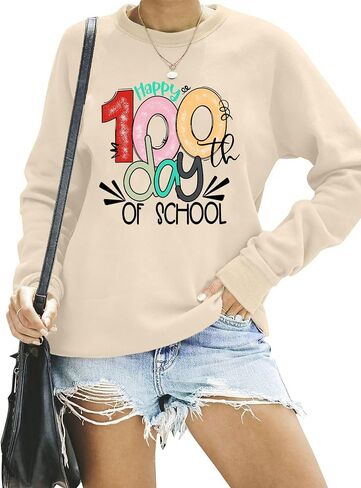 LAZYCHILD Women 100 Days of School Sweatshirt: Funny Teacher Shirts School Teaching Long Sleeves Teachers Gifts Tops in Saudi Arabia