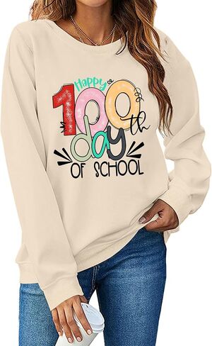 LAZYCHILD Women 100 Days of School Sweatshirt: Funny Teacher Shirts School Teaching Long Sleeves Teachers Gifts Tops in Saudi Arabia