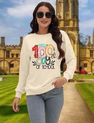 LAZYCHILD Women 100 Days of School Sweatshirt: Funny Teacher Shirts School Teaching Long Sleeves Teachers Gifts Tops in Saudi Arabia