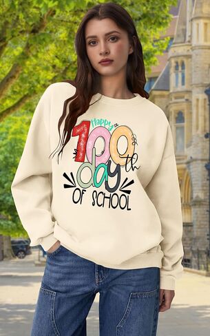 LAZYCHILD Women 100 Days of School Sweatshirt: Funny Teacher Shirts School Teaching Long Sleeves Teachers Gifts Tops in Saudi Arabia