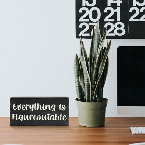 Esur Home Office Desk Black Decor - Inspirational Farmhouse Wooden Box Sign - Everything is Figureoutable in Kuwait