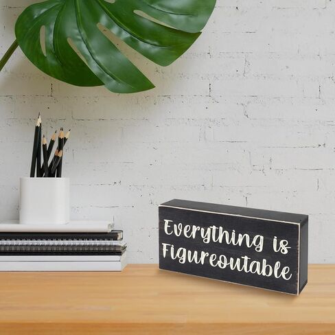 Esur Home Office Desk Black Decor - Inspirational Farmhouse Wooden Box Sign - Everything is Figureoutable in Kuwait