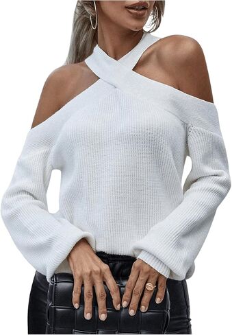 MakeMeChic Women's 2024 Fall Sweaters Cold Shoulder Criss Cross Halter Rib Knitted Long Sleeve Knit Tops in Saudi Arabia
