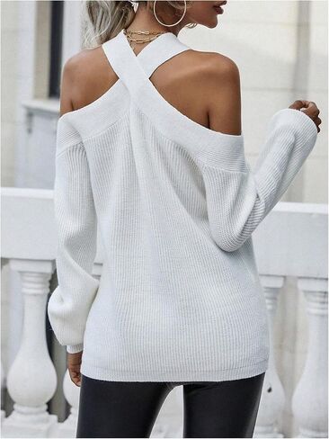 MakeMeChic Women's 2024 Fall Sweaters Cold Shoulder Criss Cross Halter Rib Knitted Long Sleeve Knit Tops in Saudi Arabia