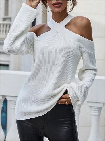 MakeMeChic Women's 2024 Fall Sweaters Cold Shoulder Criss Cross Halter Rib Knitted Long Sleeve Knit Tops in Saudi Arabia