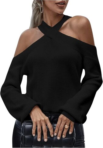 MakeMeChic Women's 2024 Fall Sweaters Cold Shoulder Criss Cross Halter Rib Knitted Long Sleeve Knit Tops in Saudi Arabia