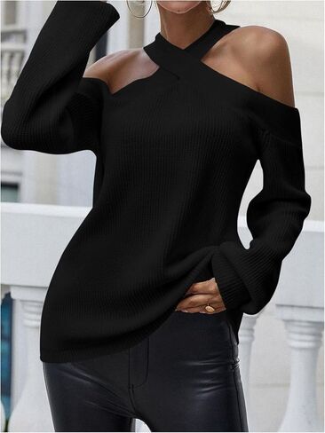 MakeMeChic Women's 2024 Fall Sweaters Cold Shoulder Criss Cross Halter Rib Knitted Long Sleeve Knit Tops in Saudi Arabia